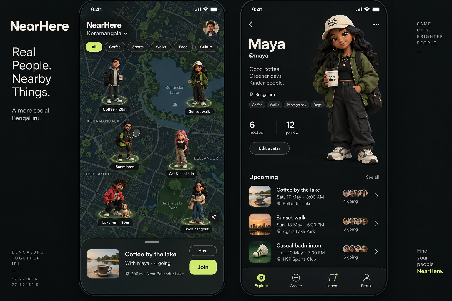 NearHere concept artwork visualizing nearby map and profile screens