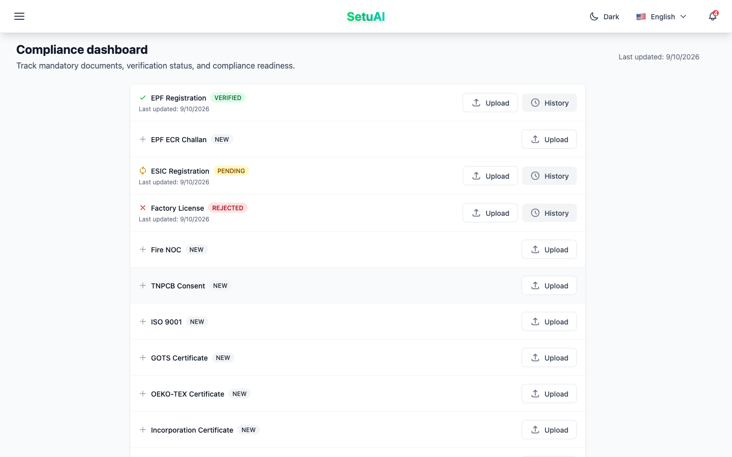 SetuAI vendor dashboard showing uploaded compliance documents and their review statuses